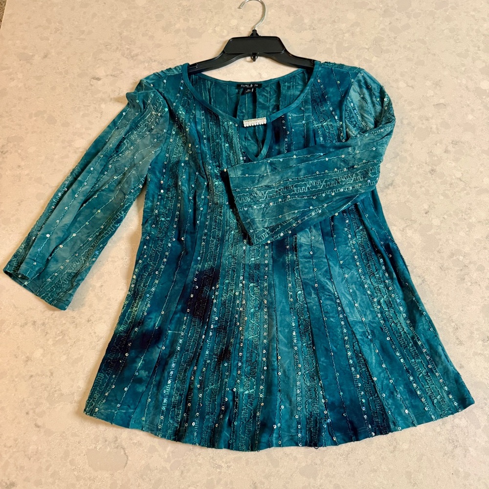 Sami & Jo Green Women’s Blouse Embroidered, Sequin Accents Sz PS